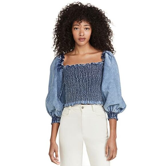 NWT Something Navy Chambray Smocked Long Sleeve Top Small SWETOC0899 - Picture 1 of 5